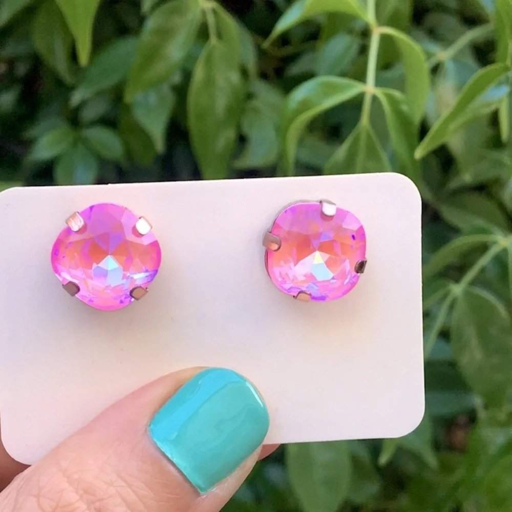 Pink Aurora Borealis Cushion Cut + Rose Gold Crystal Earrings